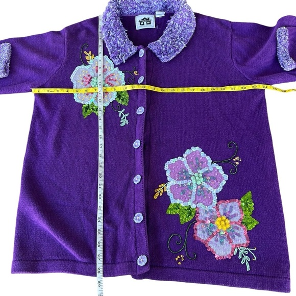VTG Storybook Knits Purple Passion Embellished Cardigan Colorful Floral Large - Picture 12 of 16